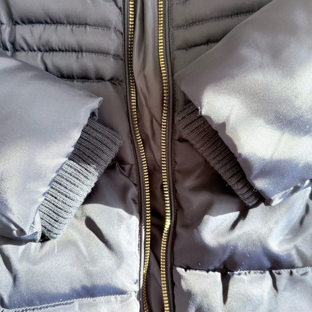 Chevron Colorblock Puffer Jacket with Faux Fur Trim Hood - Picture 12 of 15
